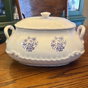 White Ceramic Soup Tureen with Blue Floral- No Ladle
